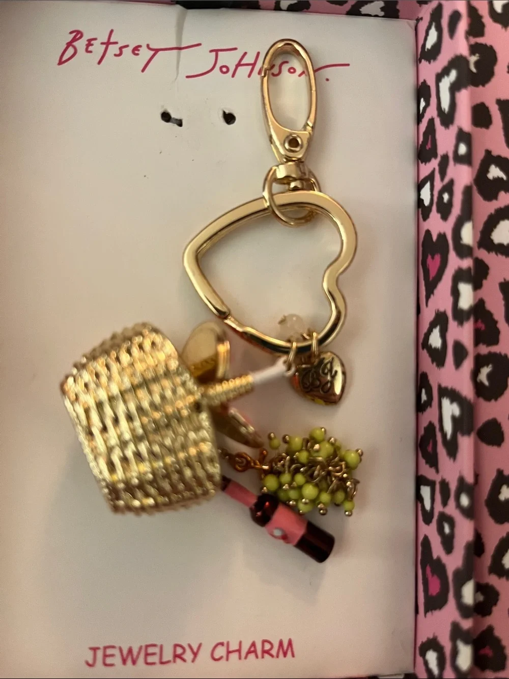 Betsey Johnson Pink Leopard Gift Boxed Picnic Basket  Bag Charm
